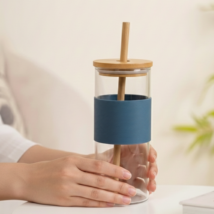 BambooBrew Glass Tumbler with Bamboo Straw (Blue)