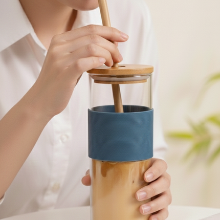 BambooBrew Glass Tumbler with Bamboo Straw (Blue)