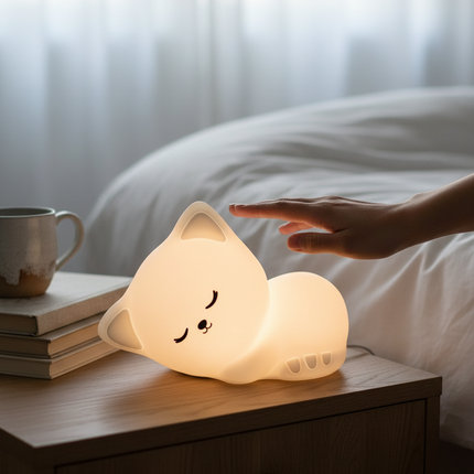 Cat-shaped night light on a bedside table with a hand reaching out to touch it, in a bedroom setting.