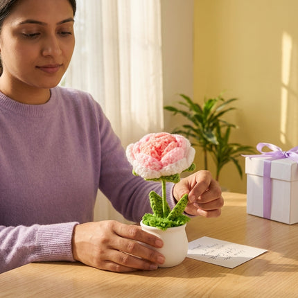 Crochet Rose Flower Pot - Pink