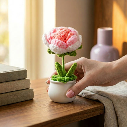 Crochet Rose Flower Pot - Pink