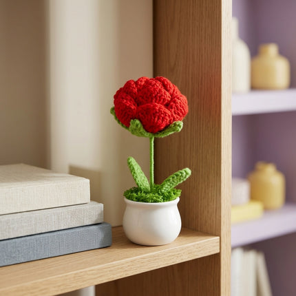 Crochet Rose Flower Pot - Red