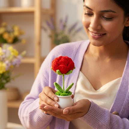 Crochet Rose Flower Pot - Red