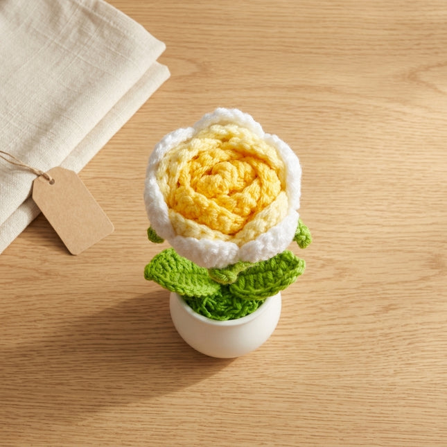 Crochet Rose Flower Pot - Yellow