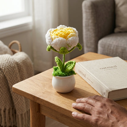 Crochet Rose Flower Pot - Yellow