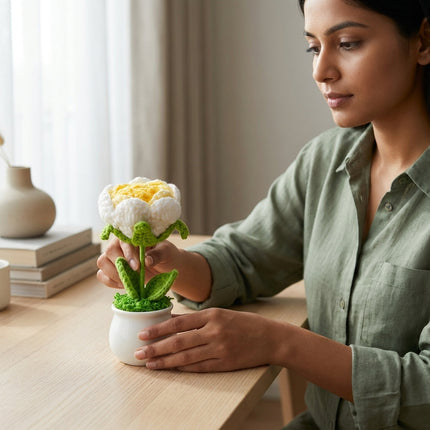 Crochet Rose Flower Pot - Yellow