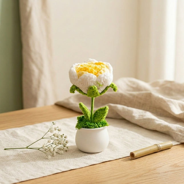 Crochet Rose Flower Pot - Yellow