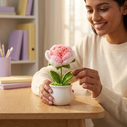 Crochet Rose Flower Pot - Pink
