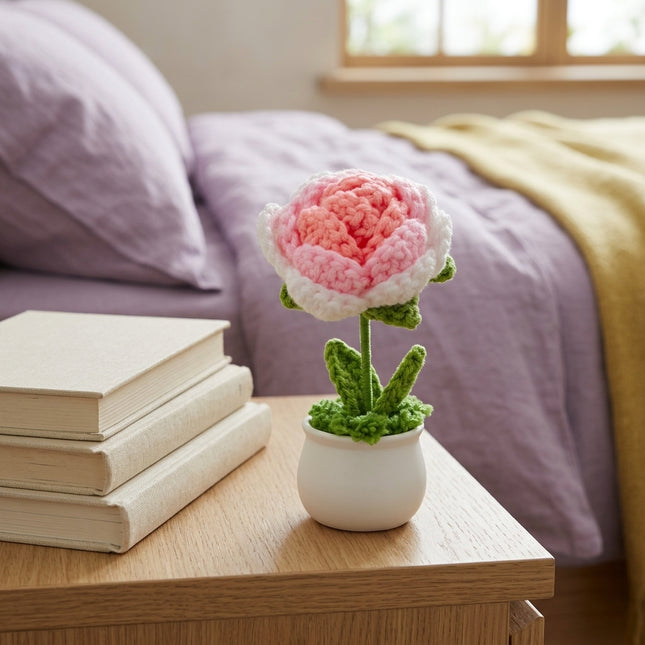 Crochet Rose Flower Pot - Pink