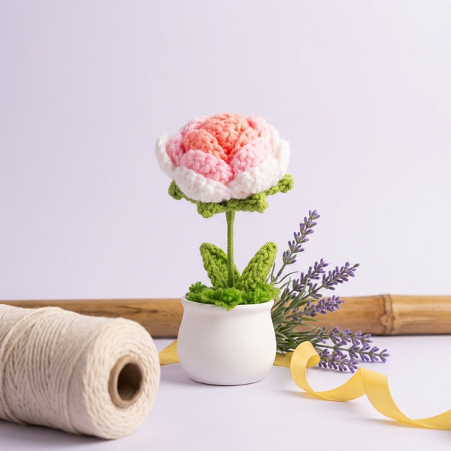 Crochet Rose Flower Pot - Pink