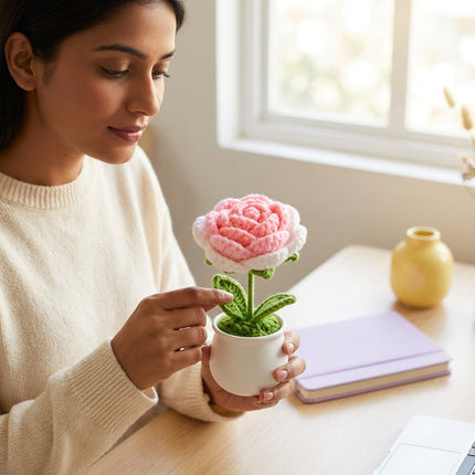 Crochet Rose Flower Pot - Pink