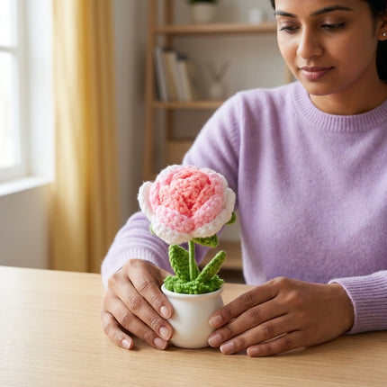 Crochet Rose Flower Pot - Pink