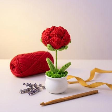 Crochet Rose Flower Pot - Red