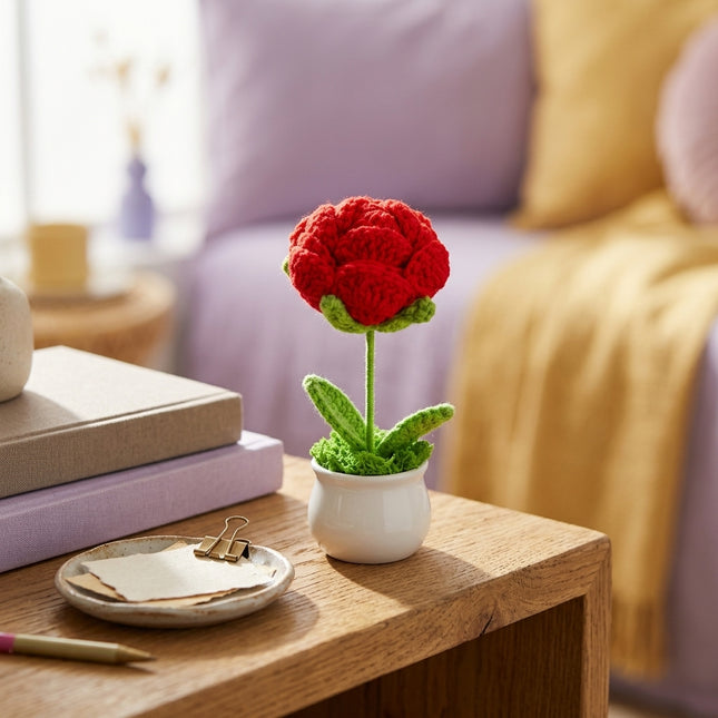 Crochet Rose Flower Pot - Red