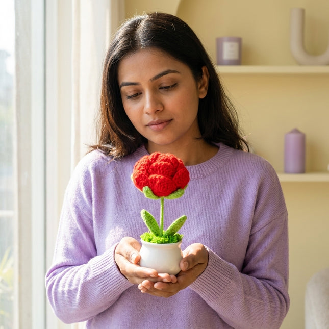 Crochet Rose Flower Pot - Red