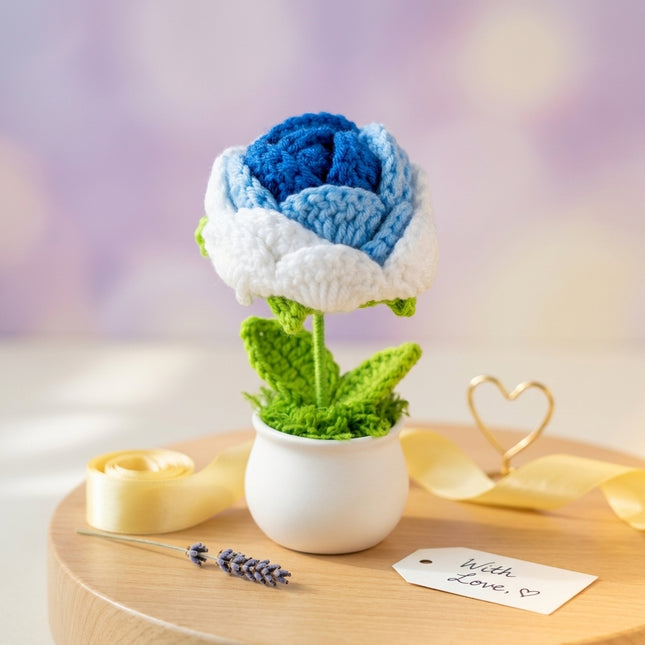 Crochet Rose Flower Pot - Blue