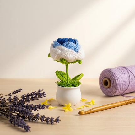 Crochet Rose Flower Pot - Blue