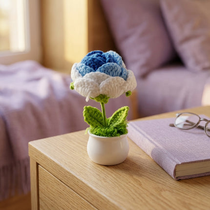 Crochet Rose Flower Pot - Blue