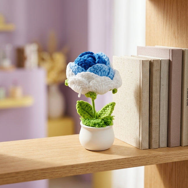 Crochet Rose Flower Pot - Blue