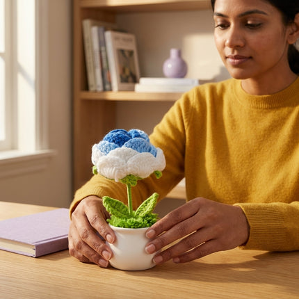 Crochet Rose Flower Pot - Blue