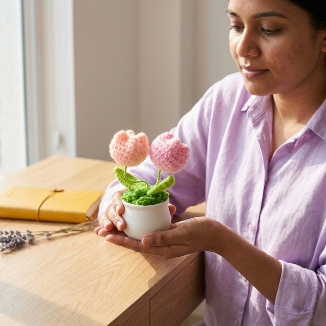 Crochet Tulip Flower Pot - Pink
