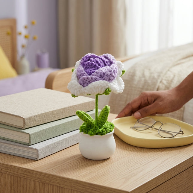 Crochet Rose Flower Pot - Purple