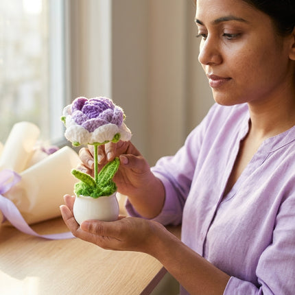 Crochet Rose Flower Pot - Purple