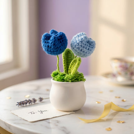 Crochet Tulip Flower Pot - Blue