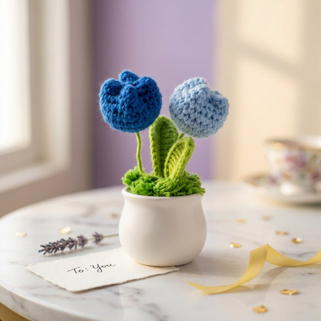 Crochet Tulip Flower Pot - Blue
