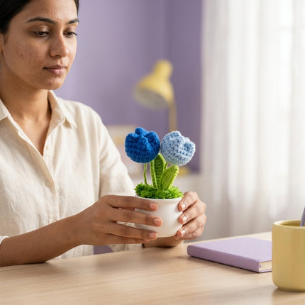 Crochet Tulip Flower Pot - Blue
