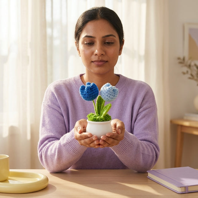 Crochet Tulip Flower Pot - Blue