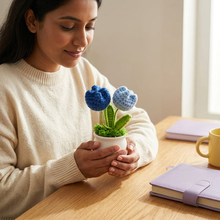 Crochet Tulip Flower Pot - Blue