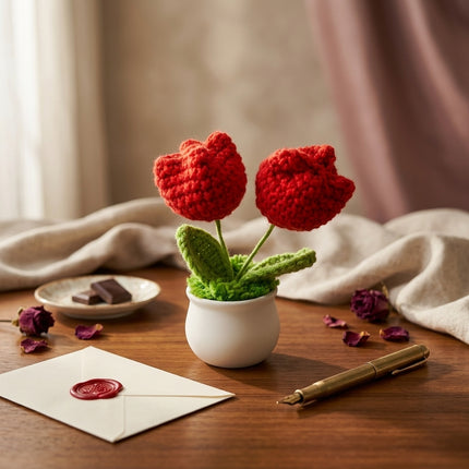 Crochet Tulip Flower Pot - Red