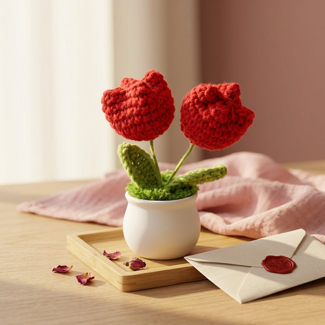 Crochet Tulip Flower Pot - Red