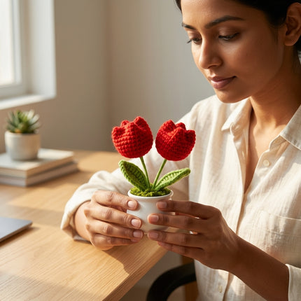 Crochet Tulip Flower Pot - Red