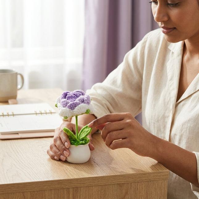 Crochet Rose Flower Pot - Purple