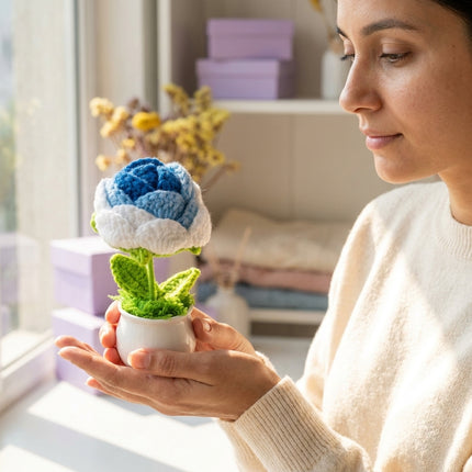 Crochet Rose Flower Pot - Blue