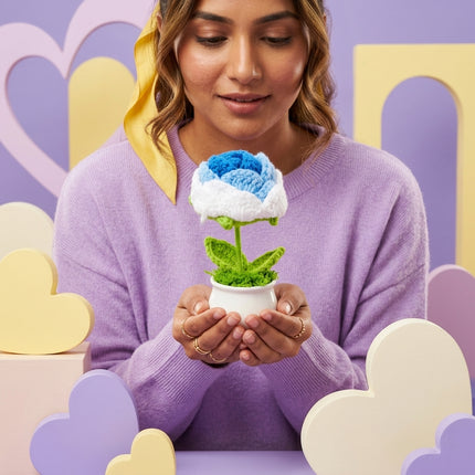 Crochet Rose Flower Pot - Blue