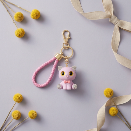 Rhinestone Blush Kitty Charm Keychain