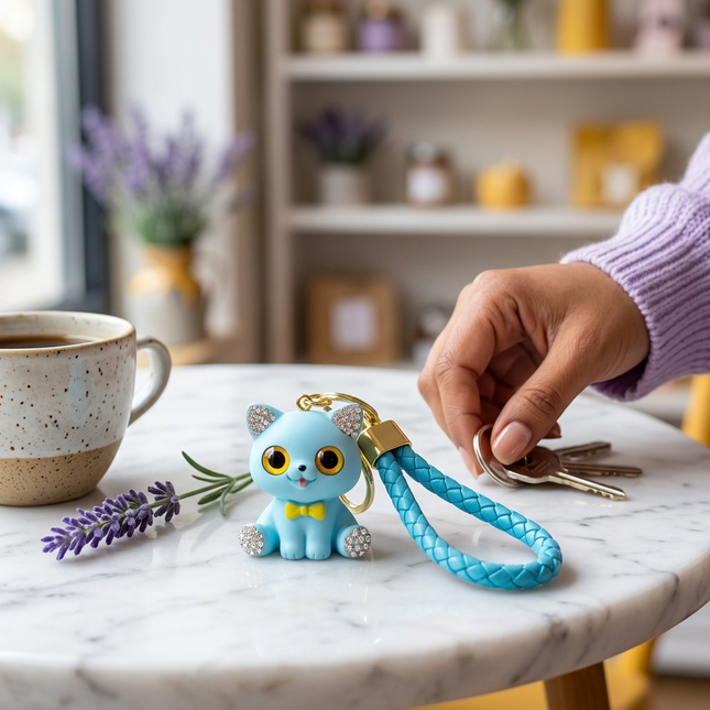 Rhinestone Aqua Kitty Charm Keychain