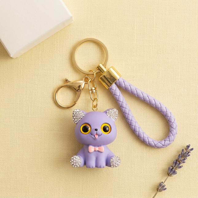 Rhinestone Lavender Kitty Charm Keychain