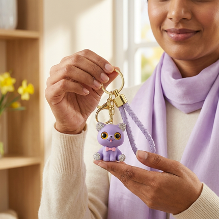 Rhinestone Lavender Kitty Charm Keychain