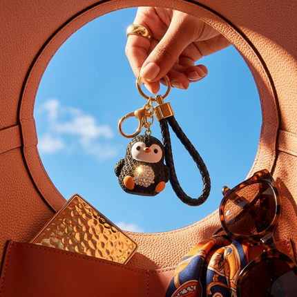 Rhinestone Penguin Keychain - Black