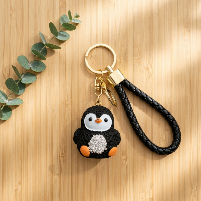 Rhinestone Penguin Keychain - Black