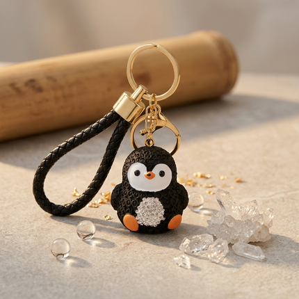 Rhinestone Penguin Keychain - Black