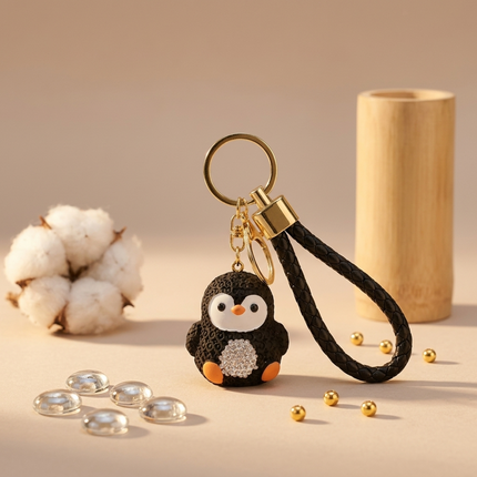 Rhinestone Penguin Keychain - Black